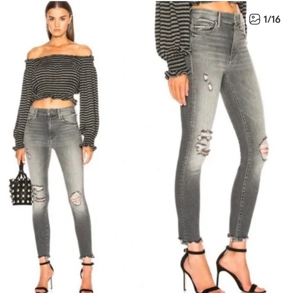 Mother High Waist Looker Ankle Chew Jean in Scene Of The Crime Washed Grey sz 25 - Picture 1 of 12